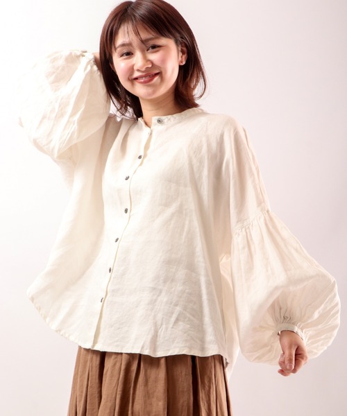 ubasoku(ウバソク)の「【ubasoku】リネン無地 バンドカラーパフ袖ブラウス(シャツ/ブラウス・レディース・ホワイト/ブラック/ブラウン/オリーブ・FREE)」の20枚目の写真