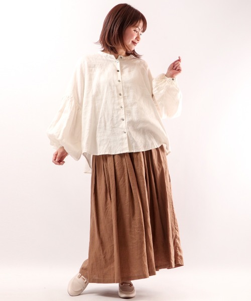 ubasoku(ウバソク)の「【ubasoku】リネン無地 バンドカラーパフ袖ブラウス(シャツ/ブラウス・レディース・ホワイト/ブラック/ブラウン/オリーブ・FREE)」の22枚目の写真
