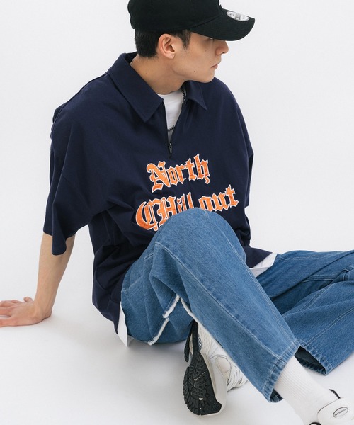 Ressaca(レサーカ)の「オーバーサイズ ワンポイントロゴサテン刺繍 ハーフジップTシャツ(Tシャツ/カットソー・メンズ・ブラック/ブルー/グリーン/オートミール/杢グレー・L/XL/M)」の19枚目の写真