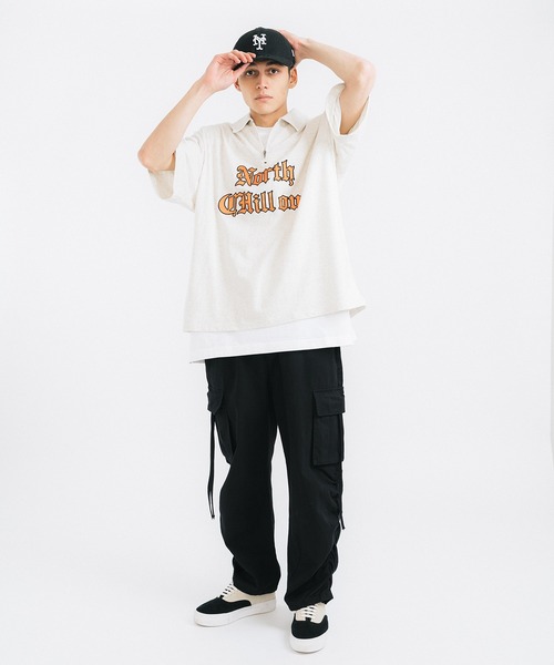 Ressaca(レサーカ)の「オーバーサイズ ワンポイントロゴサテン刺繍 ハーフジップTシャツ(Tシャツ/カットソー・メンズ・ブラック/ブルー/グリーン/オートミール/杢グレー・L/XL/M)」の7枚目の写真