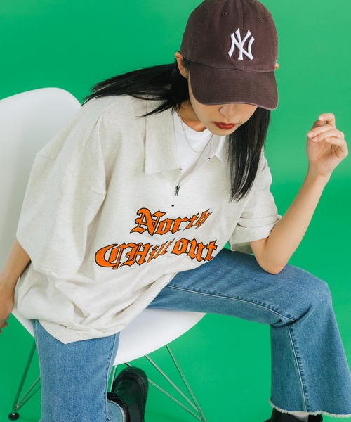 Ressaca(レサーカ)の「オーバーサイズ ワンポイントロゴサテン刺繍 ハーフジップTシャツ(Tシャツ/カットソー・メンズ・ブラック/ブルー/グリーン/オートミール/杢グレー・L/XL/M)」の6枚目の写真