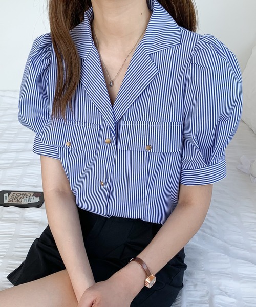 Diosfront（ディオスフロント）の「パワーショルダー開襟ストライプシャツ（シャツ/ブラウス・レディース・ブラック/ネイビー/グリーン・M/L）」の13枚目の写真