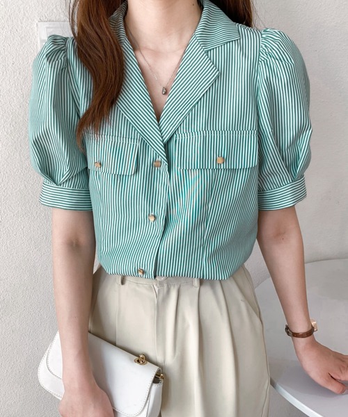 Diosfront（ディオスフロント）の「パワーショルダー開襟ストライプシャツ（シャツ/ブラウス・レディース・ブラック/ネイビー/グリーン・M/L）」の6枚目の写真