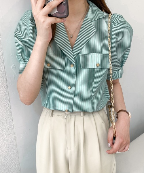 Diosfront（ディオスフロント）の「パワーショルダー開襟ストライプシャツ（シャツ/ブラウス・レディース・ブラック/ネイビー/グリーン・M/L）」の7枚目の写真