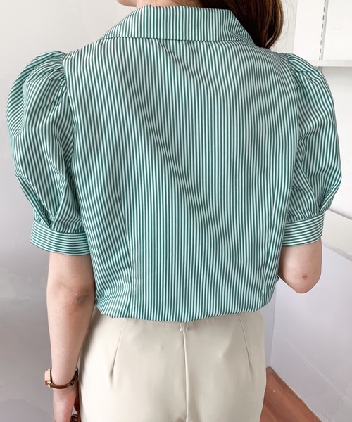 Diosfront（ディオスフロント）の「パワーショルダー開襟ストライプシャツ（シャツ/ブラウス・レディース・ブラック/ネイビー/グリーン・M/L）」の15枚目の写真