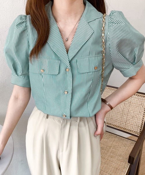 Diosfront（ディオスフロント）の「パワーショルダー開襟ストライプシャツ（シャツ/ブラウス・レディース・ブラック/ネイビー/グリーン・M/L）」の16枚目の写真