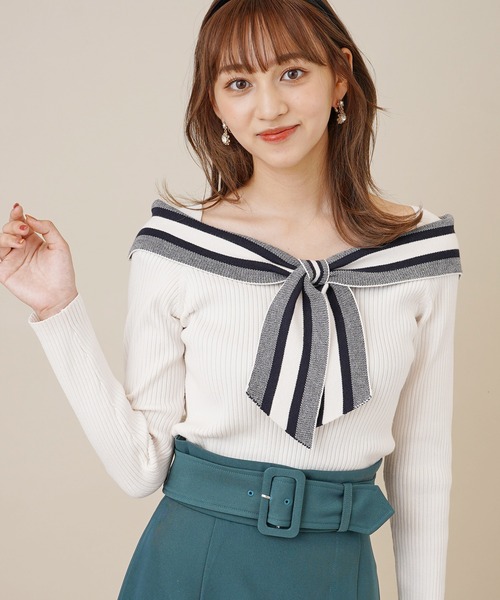 31 Sons de mode（トランテアン　ソン　ドゥ　モード）の「配色ボウタイニット（ニット/セーター・レディース・オフホワイト/イエロー/ブラック・36）」の2枚目の写真