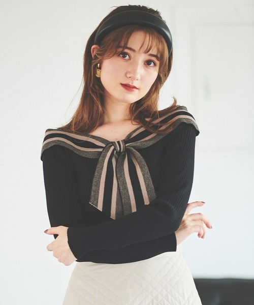 31 Sons de mode（トランテアン　ソン　ドゥ　モード）の「配色ボウタイニット（ニット/セーター・レディース・オフホワイト/イエロー/ブラック・36）」の3枚目の写真