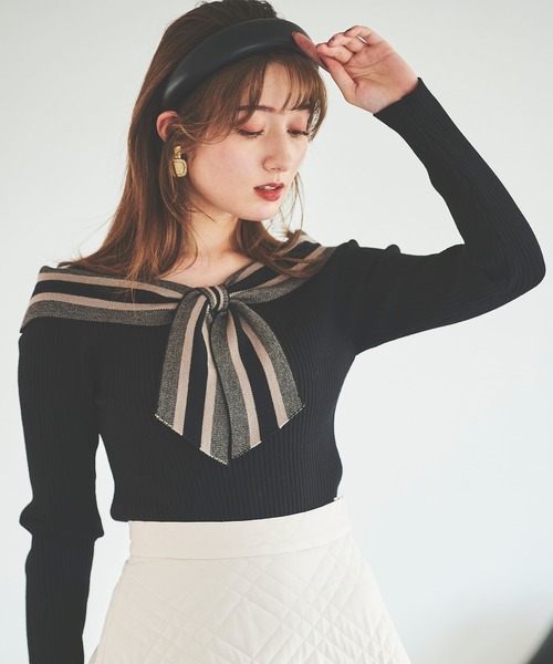 31 Sons de mode（トランテアン　ソン　ドゥ　モード）の「配色ボウタイニット（ニット/セーター・レディース・オフホワイト/イエロー/ブラック・36）」の9枚目の写真