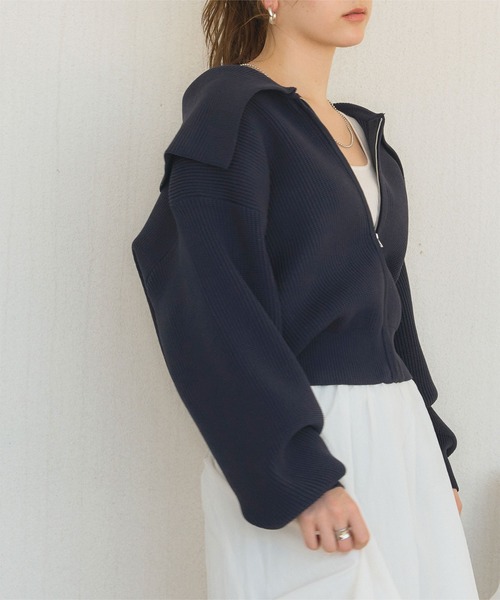 titivate（ティティベイト）の「ﾎﾞﾘｭｰﾑｽﾘｰﾌﾞﾆｯﾄﾌﾞﾙｿﾞﾝ（ブルゾン・レディース・ネイビー/ライトベージュ/ライトブルー・FREE）」の3枚目の写真