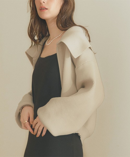 titivate（ティティベイト）の「ﾎﾞﾘｭｰﾑｽﾘｰﾌﾞﾆｯﾄﾌﾞﾙｿﾞﾝ（ブルゾン・レディース・ネイビー/ライトベージュ/ライトブルー・FREE）」の2枚目の写真