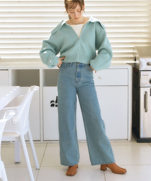 titivate（ティティベイト）の「ﾎﾞﾘｭｰﾑｽﾘｰﾌﾞﾆｯﾄﾌﾞﾙｿﾞﾝ（ブルゾン・レディース・ネイビー/ライトベージュ/ライトブルー・FREE）」の5枚目の写真