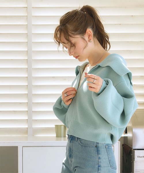 titivate（ティティベイト）の「ﾎﾞﾘｭｰﾑｽﾘｰﾌﾞﾆｯﾄﾌﾞﾙｿﾞﾝ（ブルゾン・レディース・ネイビー/ライトベージュ/ライトブルー・FREE）」の6枚目の写真