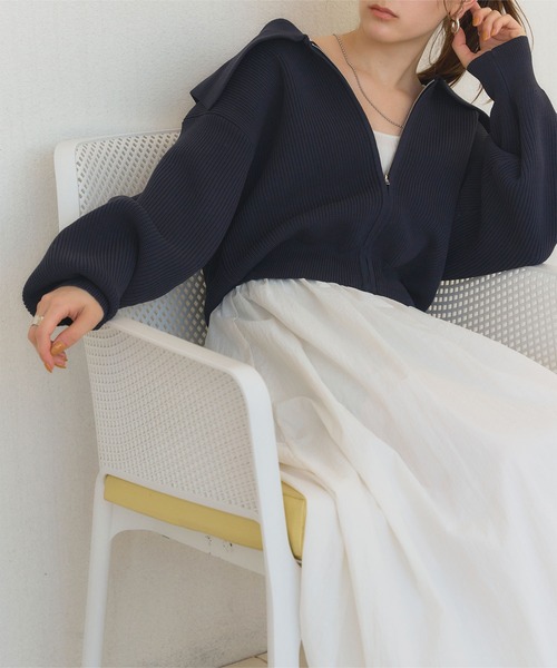 titivate（ティティベイト）の「ﾎﾞﾘｭｰﾑｽﾘｰﾌﾞﾆｯﾄﾌﾞﾙｿﾞﾝ（ブルゾン・レディース・ネイビー/ライトベージュ/ライトブルー・FREE）」の8枚目の写真