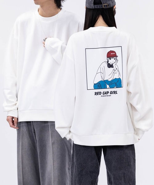 Red Cap Girl（レッドキャプガール）の「【a-r】〔Red Cap Girl/レッドキャップガール〕シルクタッチダンボールニット バックイラスト ルーズシルエット クルーネックスウェット（スウェット・メンズ・ホワイト/ブラック/ブルー/ブルー系その他/ホワイト系その他/グレイッシュベージュ/ブラック系その他/ブルー系1/ホワイト系1/ブラック系1/グレー系1/グレー/ブルー系2/ブラック系2/ホワイト系2/グレー系3/ブラック系3/ホワイト系3/ブルー系3/ピンク/ブラック系その他2/チャコールグレー・MEDIUM/LARGE/X-LARGE）」の5枚目の写真