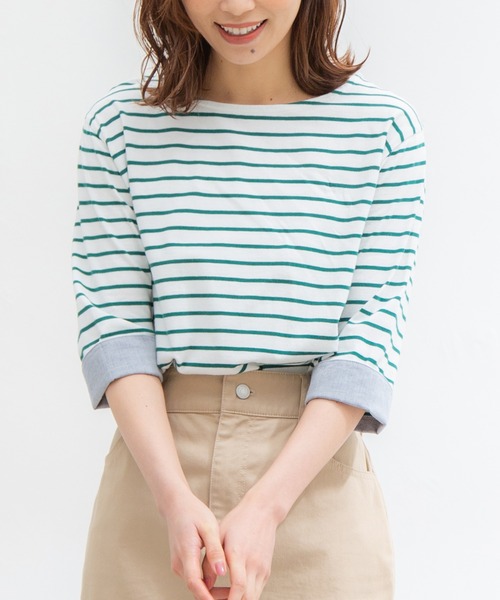 Honeys(ハニーズ)の「7分袖異素材使いTシャツ(Tシャツ/カットソー・レディース・ホワイト×ネイビー/ホワイト×ピンク/ホワイト系その他/ホワイト×グリーン/ベージュ系その他・L/M/LL)」の2枚目の写真