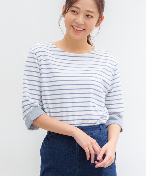 Honeys(ハニーズ)の「7分袖異素材使いTシャツ(Tシャツ/カットソー・レディース・ホワイト×ネイビー/ホワイト×ピンク/ホワイト系その他/ホワイト×グリーン/ベージュ系その他・L/M/LL)」の3枚目の写真