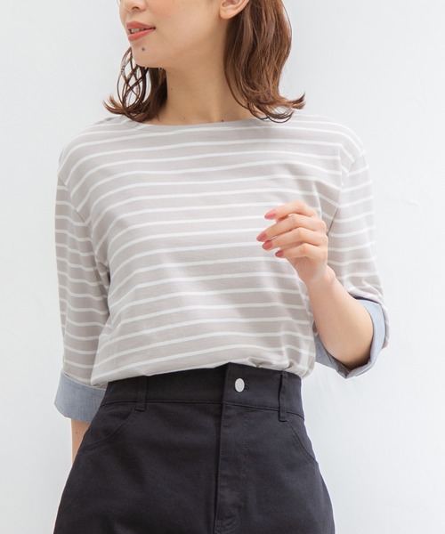Honeys(ハニーズ)の「7分袖異素材使いTシャツ(Tシャツ/カットソー・レディース・ホワイト×ネイビー/ホワイト×ピンク/ホワイト系その他/ホワイト×グリーン/ベージュ系その他・L/M/LL)」の5枚目の写真