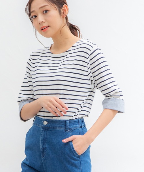 Honeys(ハニーズ)の「7分袖異素材使いTシャツ(Tシャツ/カットソー・レディース・ホワイト×ネイビー/ホワイト×ピンク/ホワイト系その他/ホワイト×グリーン/ベージュ系その他・L/M/LL)」の1枚目の写真