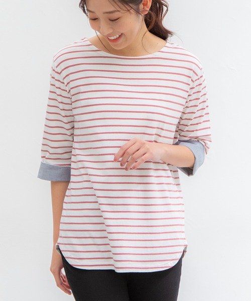 Honeys(ハニーズ)の「7分袖異素材使いTシャツ(Tシャツ/カットソー・レディース・ホワイト×ネイビー/ホワイト×ピンク/ホワイト系その他/ホワイト×グリーン/ベージュ系その他・L/M/LL)」の4枚目の写真