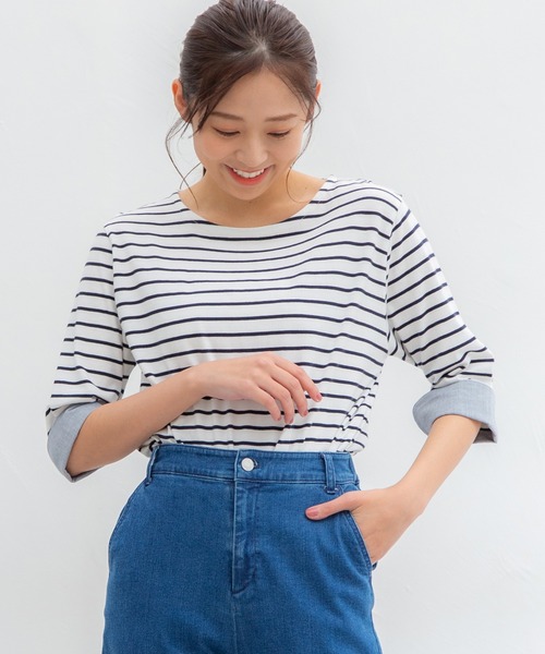 Honeys(ハニーズ)の「7分袖異素材使いTシャツ(Tシャツ/カットソー・レディース・ホワイト×ネイビー/ホワイト×ピンク/ホワイト系その他/ホワイト×グリーン/ベージュ系その他・L/M/LL)」の9枚目の写真
