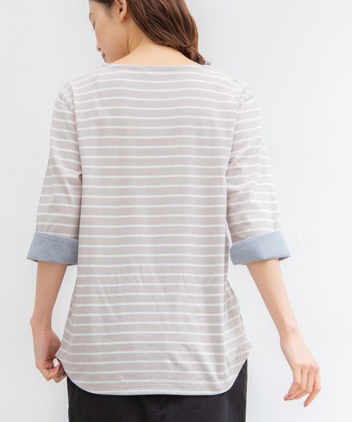 Honeys(ハニーズ)の「7分袖異素材使いTシャツ(Tシャツ/カットソー・レディース・ホワイト×ネイビー/ホワイト×ピンク/ホワイト系その他/ホワイト×グリーン/ベージュ系その他・L/M/LL)」の8枚目の写真
