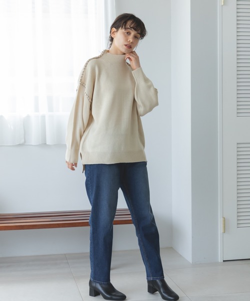 pairmanon（ペアマノン）の「【ママサイズ】モックネック ハンドステッチ ニット（ニット/セーター・レディース・アイボリー/モカ/ブルー・FREE）」の9枚目の写真