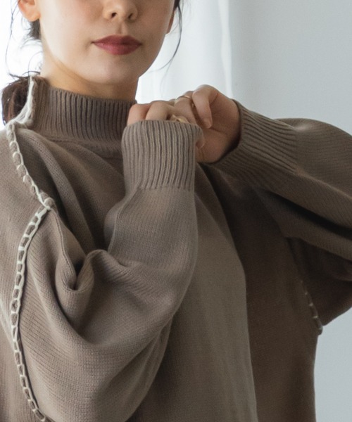 pairmanon（ペアマノン）の「【ママサイズ】モックネック ハンドステッチ ニット（ニット/セーター・レディース・アイボリー/モカ/ブルー・FREE）」の4枚目の写真