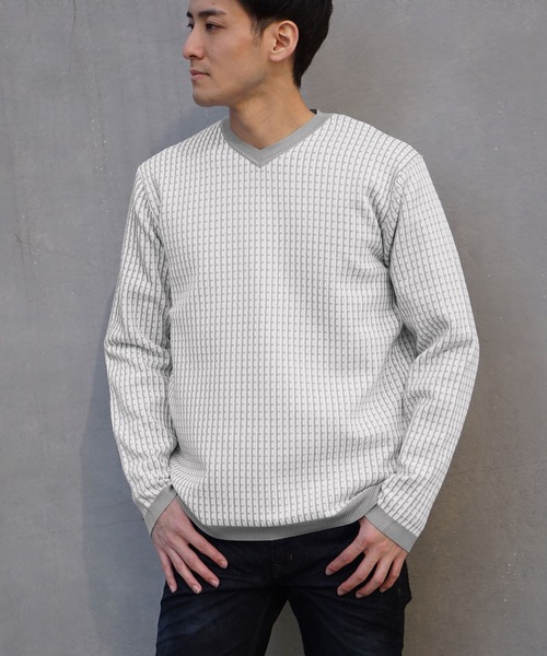 【セール】ピンタックJQチェックVネックニット（ニット/セーター）｜HIDEAWAYS NICOLE（ハイダウェイニコル）