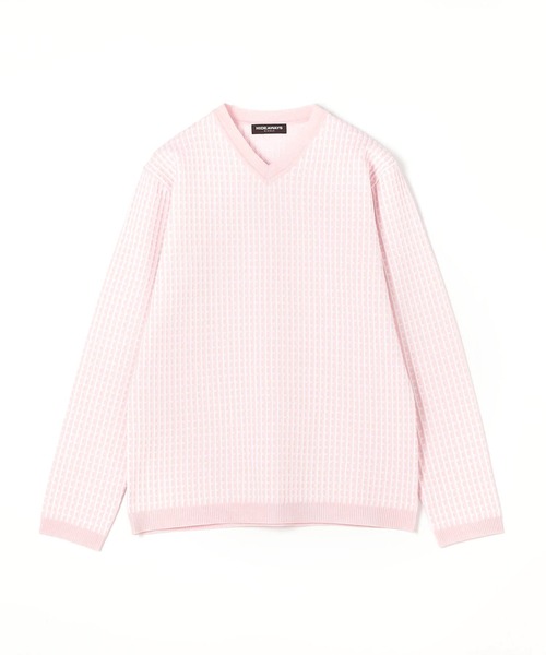 HIDEAWAYS NICOLE（ハイダウェイニコル）の「ピンタックJQチェックVネックニット（ニット/セーター・メンズ・ホワイト×グレー/ピンク/ホワイト×ブラック/ブラック×ホワイト・MEDIUM/LARGE/X-LARGE）」の4枚目の写真