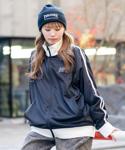 SATUR ジャージジャケットブラック/ホワイト セール スタンドジャケット メンズ ナイロン ロゴ 刺繍 ジャージ