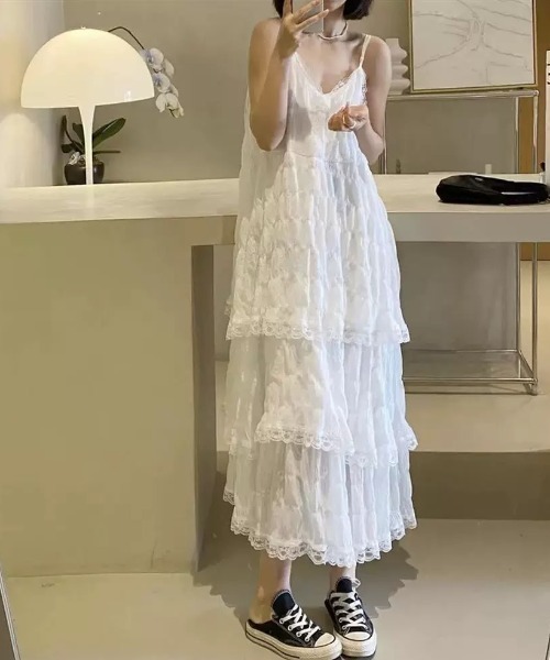 SinceThen華やか×フリル×ティアードキャミワンピース SinceThenリボン&フリルティアード キャミワンピース ミニ丈