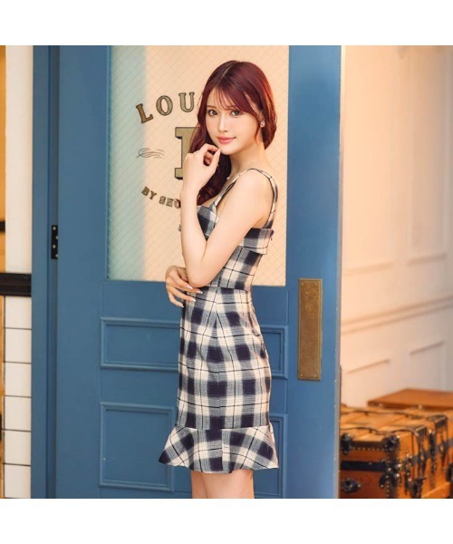 オール チェック ボタン ビジュー ノースリーブ マーメイド ミニドレス（ドレス）｜DAZZY（デイジー）