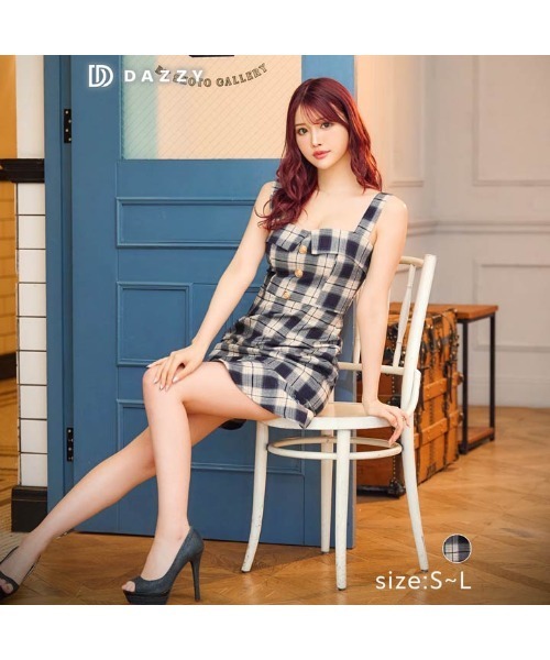 オール チェック ボタン ビジュー ノースリーブ マーメイド ミニドレス（ドレス）｜DAZZY（デイジー）