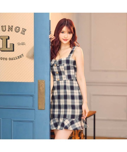 オール チェック ボタン ビジュー ノースリーブ マーメイド ミニドレス（ドレス）｜DAZZY（デイジー）