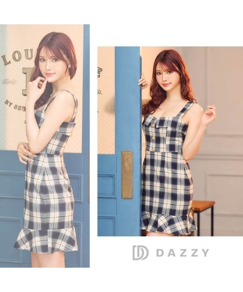 オール チェック ボタン ビジュー ノースリーブ マーメイド ミニドレス（ドレス）｜DAZZY（デイジー）