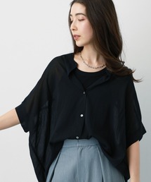 saloon | SALOON(サルーン)/ノーカラーギャザー5分袖ブラウス【洗濯機洗い可】(シャツ/ブラウス)
