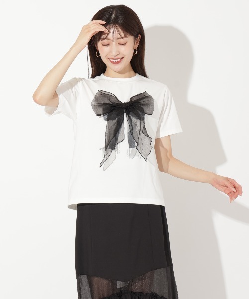 chokoram i c i後ろリボンＴシャツとサンダル セール】シアーリボンアレンジTシャツ（Tシャツ/カットソー