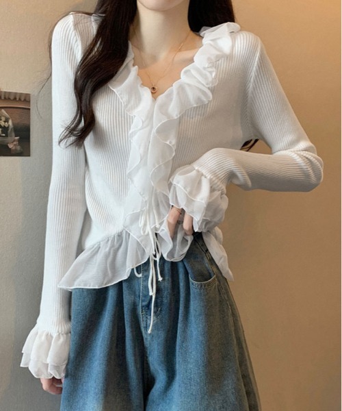 kirakiraShop(キラキラショップ)の「フリル ロングスリーブ ボレロ カーディガン(ニット/セーター・レディース・ブラック/ホワイト・FREE)」の2枚目の写真