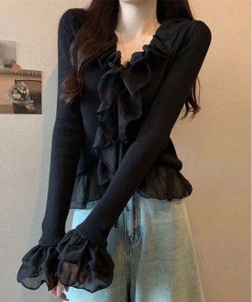 kirakiraShop(キラキラショップ)の「フリル ロングスリーブ ボレロ カーディガン(ニット/セーター・レディース・ブラック/ホワイト・FREE)」の1枚目の写真