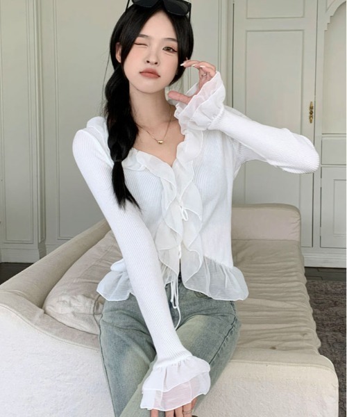 kirakiraShop(キラキラショップ)の「フリル ロングスリーブ ボレロ カーディガン(ニット/セーター・レディース・ブラック/ホワイト・FREE)」の4枚目の写真