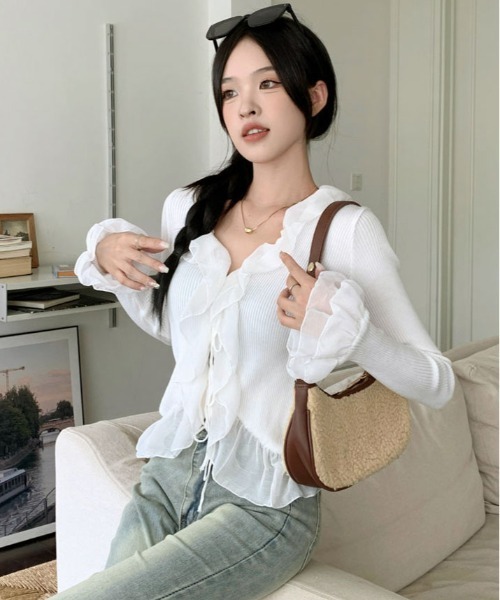 kirakiraShop(キラキラショップ)の「フリル ロングスリーブ ボレロ カーディガン(ニット/セーター・レディース・ブラック/ホワイト・FREE)」の6枚目の写真