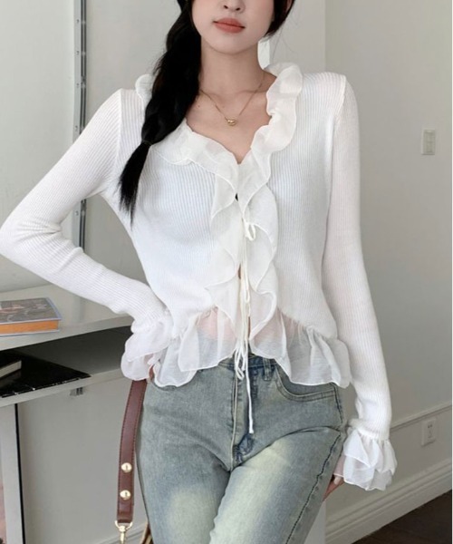 kirakiraShop(キラキラショップ)の「フリル ロングスリーブ ボレロ カーディガン(ニット/セーター・レディース・ブラック/ホワイト・FREE)」の8枚目の写真