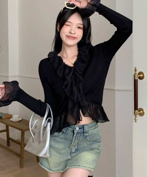 kirakiraShop(キラキラショップ)の「フリル ロングスリーブ ボレロ カーディガン(ニット/セーター・レディース・ブラック/ホワイト・FREE)」の14枚目の写真
