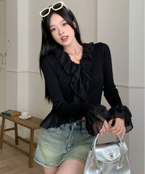 kirakiraShop(キラキラショップ)の「フリル ロングスリーブ ボレロ カーディガン(ニット/セーター・レディース・ブラック/ホワイト・FREE)」の15枚目の写真