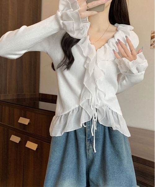kirakiraShop(キラキラショップ)の「フリル ロングスリーブ ボレロ カーディガン(ニット/セーター・レディース・ブラック/ホワイト・FREE)」の16枚目の写真
