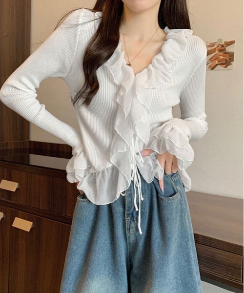 kirakiraShop(キラキラショップ)の「フリル ロングスリーブ ボレロ カーディガン(ニット/セーター・レディース・ブラック/ホワイト・FREE)」の20枚目の写真