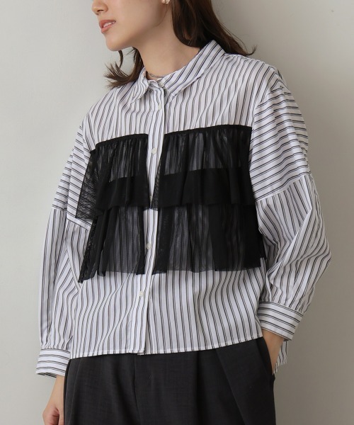 【セール】ストライプチュールフリルシャツ（Tシャツ/カットソー）｜Bou Jeloud（ブージュルード）