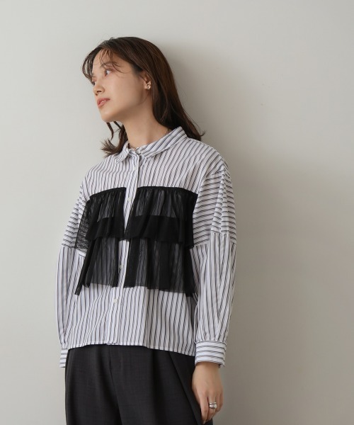 【セール】ストライプチュールフリルシャツ（Tシャツ/カットソー）｜Bou Jeloud（ブージュルード）