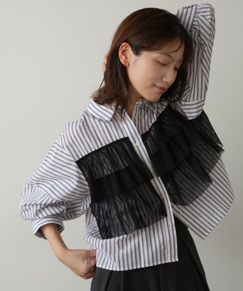 【セール】ストライプチュールフリルシャツ（Tシャツ/カットソー）｜Bou Jeloud（ブージュルード）